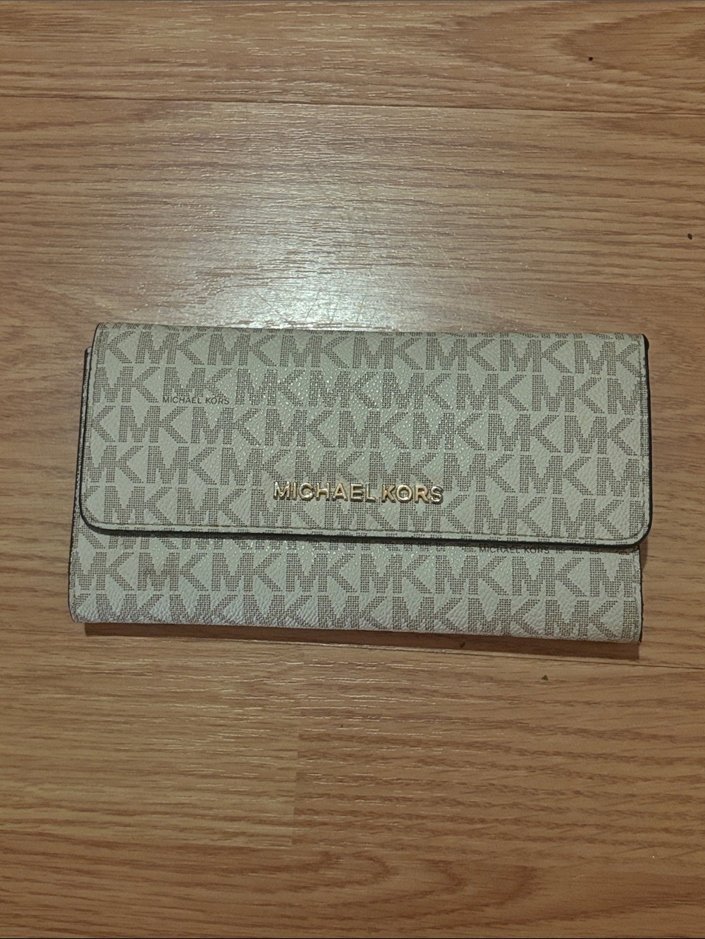 Michael Kors Cream Beige MK Logo Continental Wallet with Gold Hardware